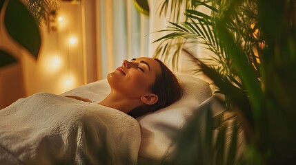 Serene Woman Enjoying a Relaxing Spa Treatment Surrounded by Lush Greenery and Soft Ambient Light for a Tranquil Wellness Experience