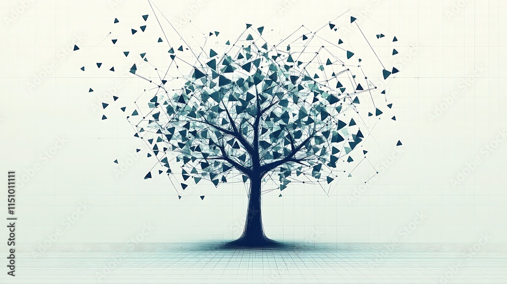 Poster Abstract teal tree with geometric leaves and connecting lines on a white background.
