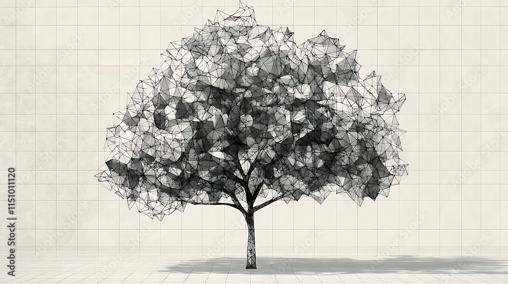 Poster wireframe tree illustration on grid background.