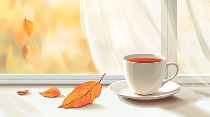 A steaming cup of tea or coffee in the fall on the window. Generative Ai