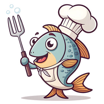 Here's a and keyword list suitable for submitting this image to a stock photo site.. Cartoon chef fish in frying pan