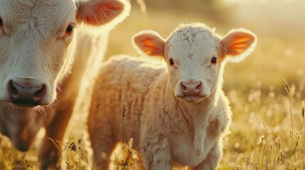 Obraz premium Adorable Calf and Mother Cow in Golden Sunset Meadow