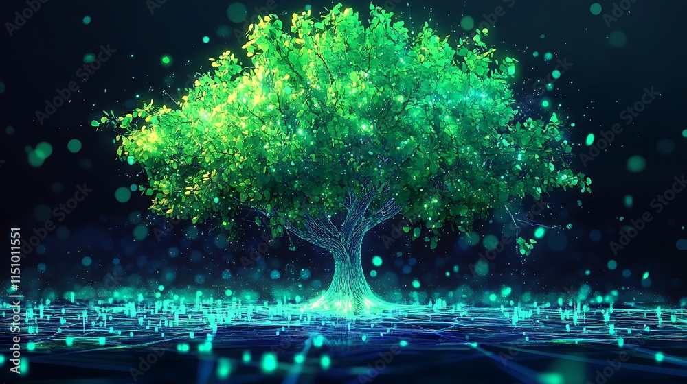 Poster glowing green tree on digital network.