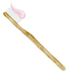 Toothbrush with paste watercolor. Hand drawing of oral hygiene items. Ecological wooden, bamboo toothbrush. Clip art medicine. Ideal for posters in a dental office and design of doctors' blogs
