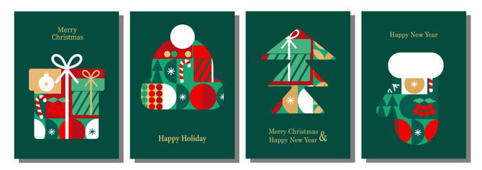 Fototapeta premium Christmas card templates. Christmas icons and elements in abstract modern geometric style. Set of winter cards and posters. Santa, Christmas ball, Christmas tree and Christmas sock in Bauhaus style.