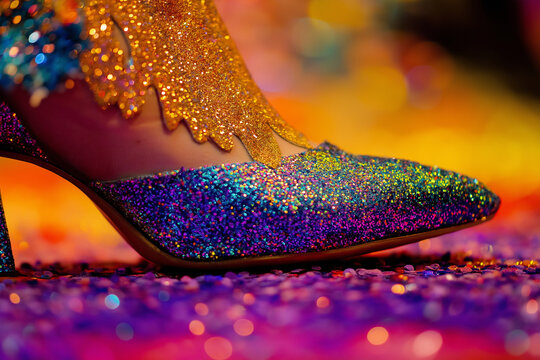 Close-up of a sparkling glitter heel adorned with colorful embellishments, perfect for a Brazilian carnival celebration