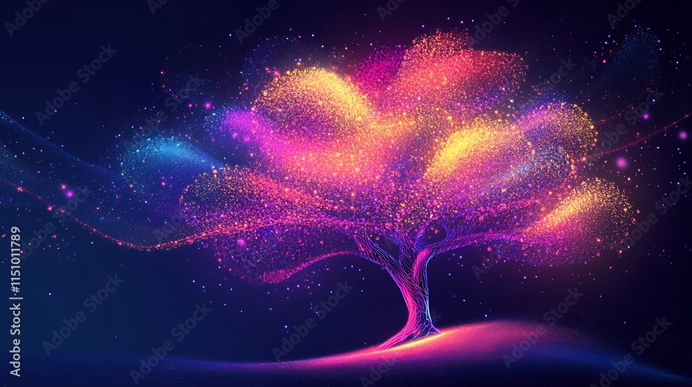 Poster vibrant, glowing tree with colorful particles on dark background.