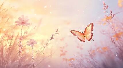 Lovely pastel natural backdrop The butterfly with the flower. Generative Ai