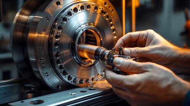 A detailed shot of hands fine-tuning the nozzle on a modern 3D printer, soft lighting highlighting the metallic components, detailed textures of the extruder and screws,