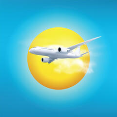 Vector 3d airplane in blue background. Airplane concept. Plane Air transportation.Advertising banner.