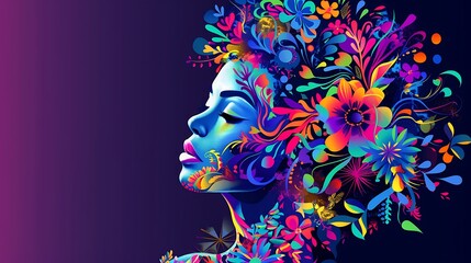 Fototapeta premium A vibrant vector portrait of a woman with abstract floral patterns incorporated into her hair design. 8k UHD, suitable for high-quality printing or digital display. 