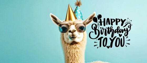 Happy Birthday Llama Wearing Sunglasses and Party Hat Stock Photo
