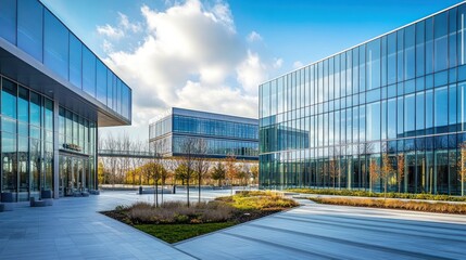 Obraz premium Modern Glass Buildings Campus Sunny Day Landscape