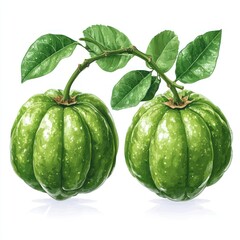 Two garcinia cambogia fruits with leaves on a white background.