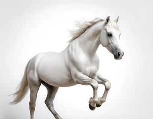 Obraz premium Majestic White Horse in Mid-Air Leap Against a Light Background