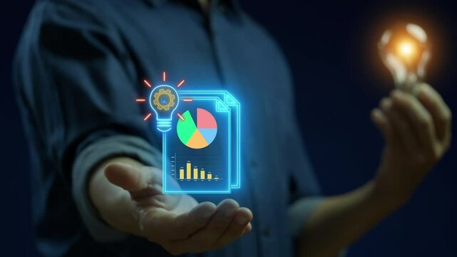 Idea to profit icon. Concept of implementing a business idea and generating income. Bright Idea for Financial Growth. Businessman shows lightbulb icon glowing over a graph document on virtual screen.