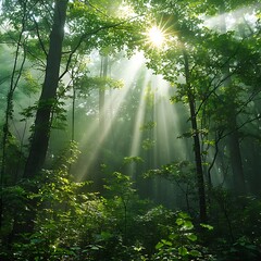 Solo Climber in Vibrant Forest with Sunlight Rays, Serene Forest Pathway at Dawn, Forest with Lush Green Undergrowth - Peaceful Woodland Landscape.