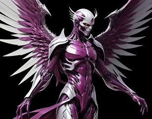 Futuristic Robotic Angel with Metallic Wings in Violet and White Design