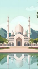 Naklejka premium luxurious and magnificent mosque building, with a large and beautiful garden, with beautiful mountain views