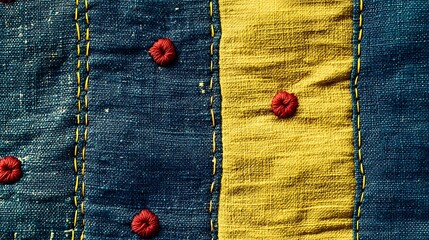 Close-up of blue and yellow fabric with red stitching.