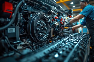 Truck Engine Inspection in a Clean Repair Shop