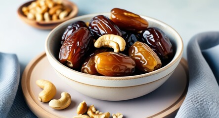 Fototapeta premium dried fruits, dates, nuts, ceramic bowl, blue background, healthy snacks, natural lighting, food photography, rustic setting, brown tones, close-up, textured surface, organic, nutritious, gourmet ingr
