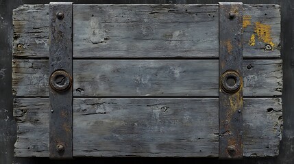 Weathered gray wooden planks with rusted metal straps, ideal for rustic backgrounds or textures.