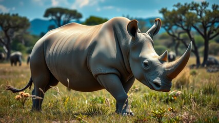 Obraz premium Majestic White Rhino in Kenya National Park, African Wildlife, Stunning Photography, Natural Beauty