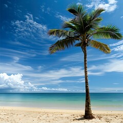 Palms on a beautiful beach and clear sea water, beach with palm trees, Beautiful palm tree on tropical island beach on background blue sky with white clouds and turquoise ocean on sunny day.