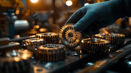 A gloved hand precisely adjusting cogs in a mechanical assembly, detailed metallic gears glowing under bright industrial lights, blurred tools and workshop equipment in the background,