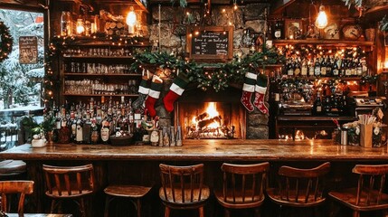Naklejka premium Cozy Christmas Bar with Fireplace and Festive Decorations