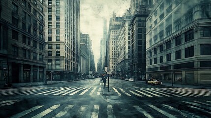 Deserted city street on a gloomy day.