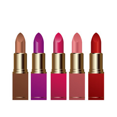 Set of five lipsticks in different colors, vector illustration.