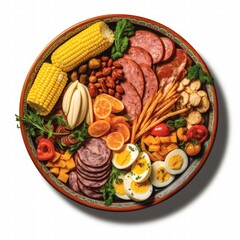 Vibrant Assortment of Traditional Brazilian Cuisine Featuring Meats, Vegetables, Fruits, and Eggs Artfully Arranged on a Decorative Plate