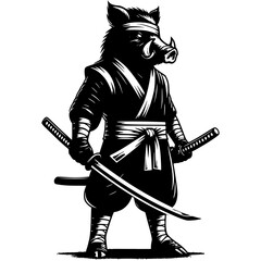 Obraz premium Ninja fighter boar armed with katana sword in fighting stance in monochrome. Wild boar animal warrior. Tattoo minimalistic vector in black ink drawing on transparent background