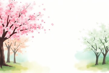 Obraz premium Spring landscape with blooming cherry and apple trees on soft pastel background
