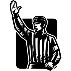 Hockey referee stops game due to rule violation in monochrome. Simple minimalistic vector in black ink drawing on transparent background