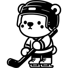 Polar bear cub in hockey uniform learning to stand on skates with a stick in monochrome. Simple minimalistic vector in black ink drawing on transparent background