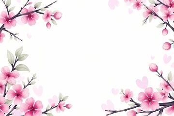 Fototapeta premium Beautiful floral frame with pink blossoms and hearts on white background for decoration 