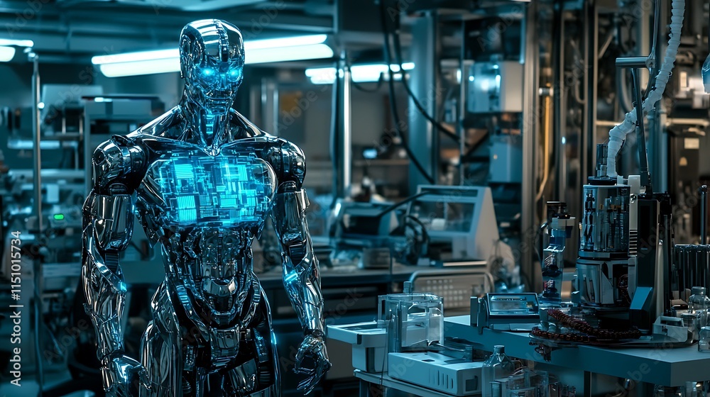 Poster futuristic robot in a high-tech lab.