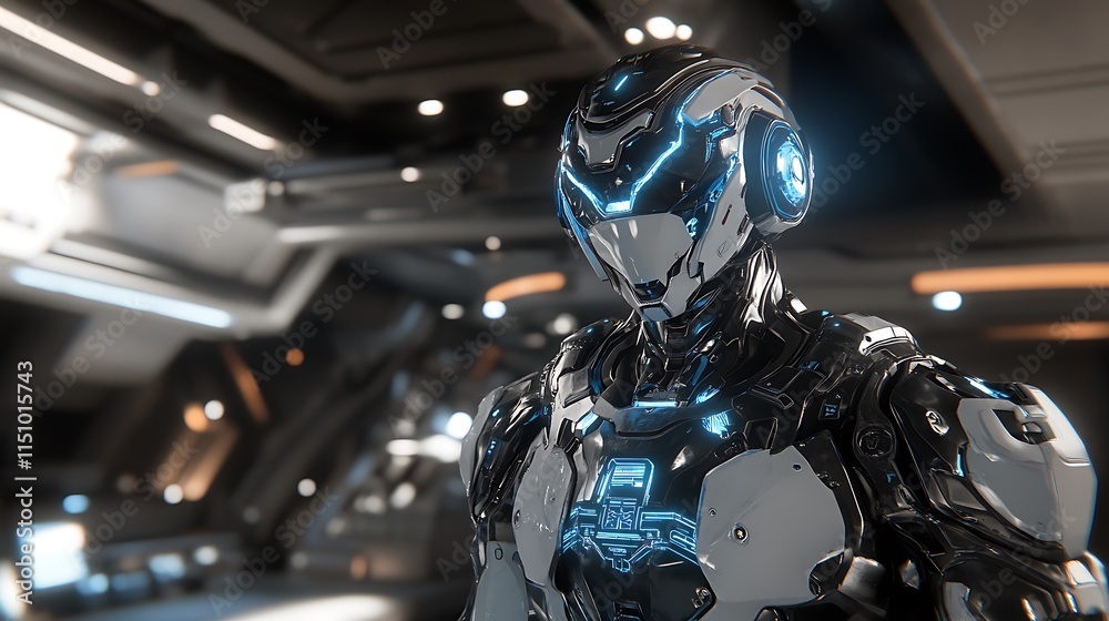 Poster futuristic robot in a high-tech spaceship interior.