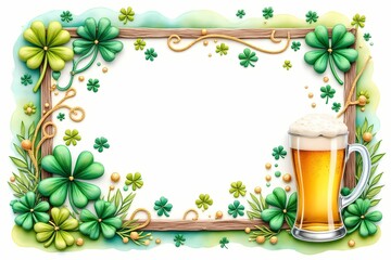 Cheerful St. Patrick's Day frame with beer and clovers on light green background
