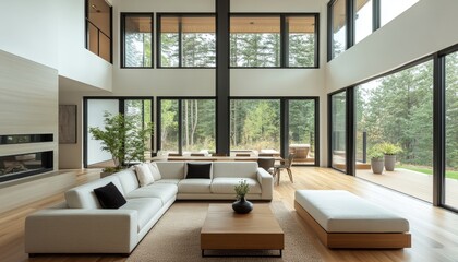 Fototapeta premium Modern Luxury Home Interior Design Spacious Living Room with Forest View