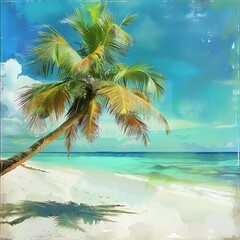 Palms on a beautiful beach and clear sea water, beach with palm trees, Beautiful palm tree on tropical island beach on background blue sky with white clouds and turquoise ocean on sunny day.