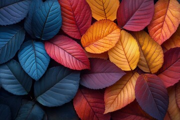 Fototapeta premium Autumn leaves in vibrant colors, blue, red, orange.