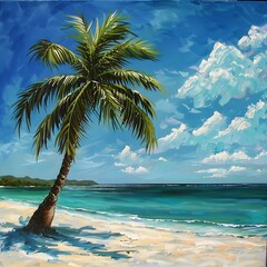 Palms on a beautiful beach and clear sea water, beach with palm trees, Beautiful palm tree on tropical island beach on background blue sky with white clouds and turquoise ocean on sunny day.


