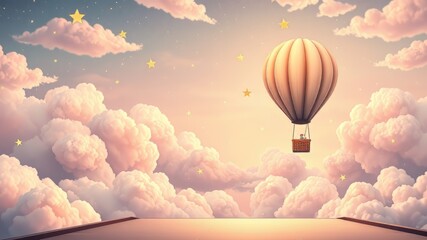 Obraz premium Pastel Hot Air Balloon Newborn Greeting Card Design, Baby Shower Invitation, Clouds, Stars, Bright Colors
