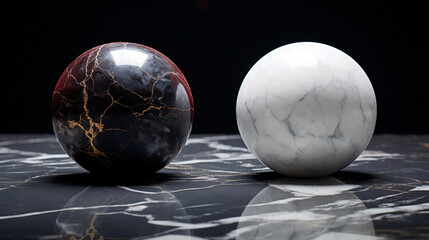 Naklejka premium Two white marble spheres on black surface 
