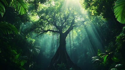 Obraz premium Majestic tree in lush rainforest with sun rays.