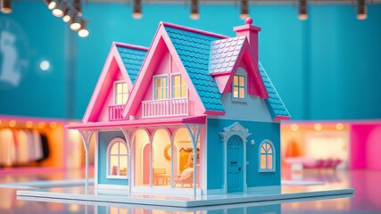 Pink and Blue Dollhouse 3D Render, Toy Clipart, Bright Colors